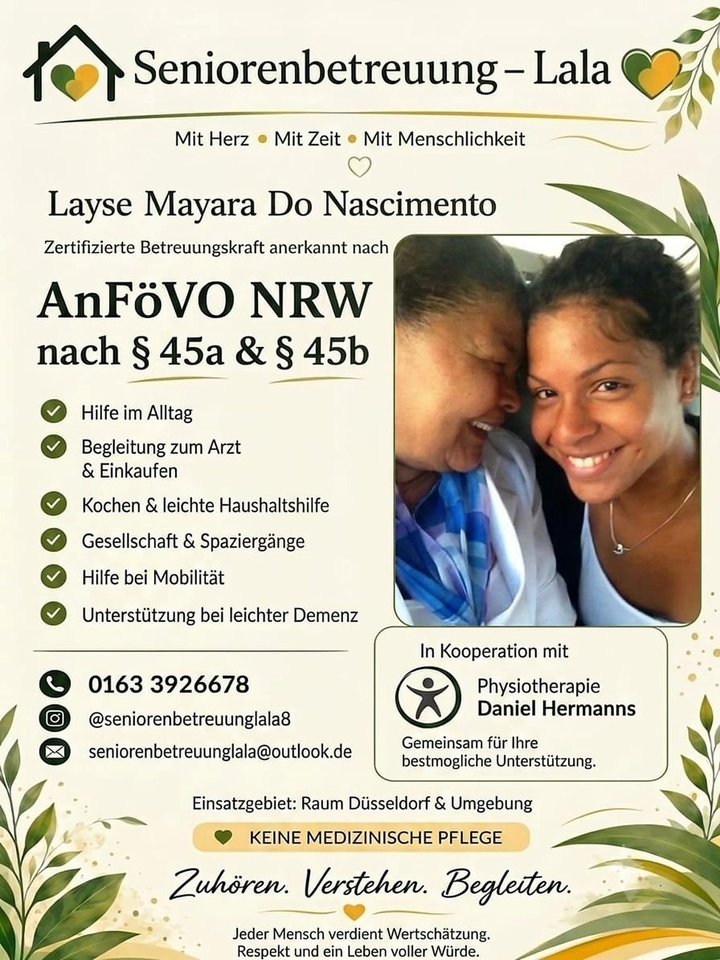 Flyer der Seniorenbetreuung Lala: Leistungen, Anerkennung nach AnFöVO NRW und Kontaktdaten